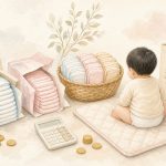 おむつの選び方まとめ(安く・できるだけ楽にするための実体験) たくさん種類のあるオムツの前にお座りしてる赤ちゃんのイラスト